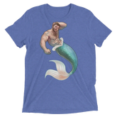 Blue heathered t-shirt featuring a muscular bearded merman with teal and white scaled tail from salt of the sea collection