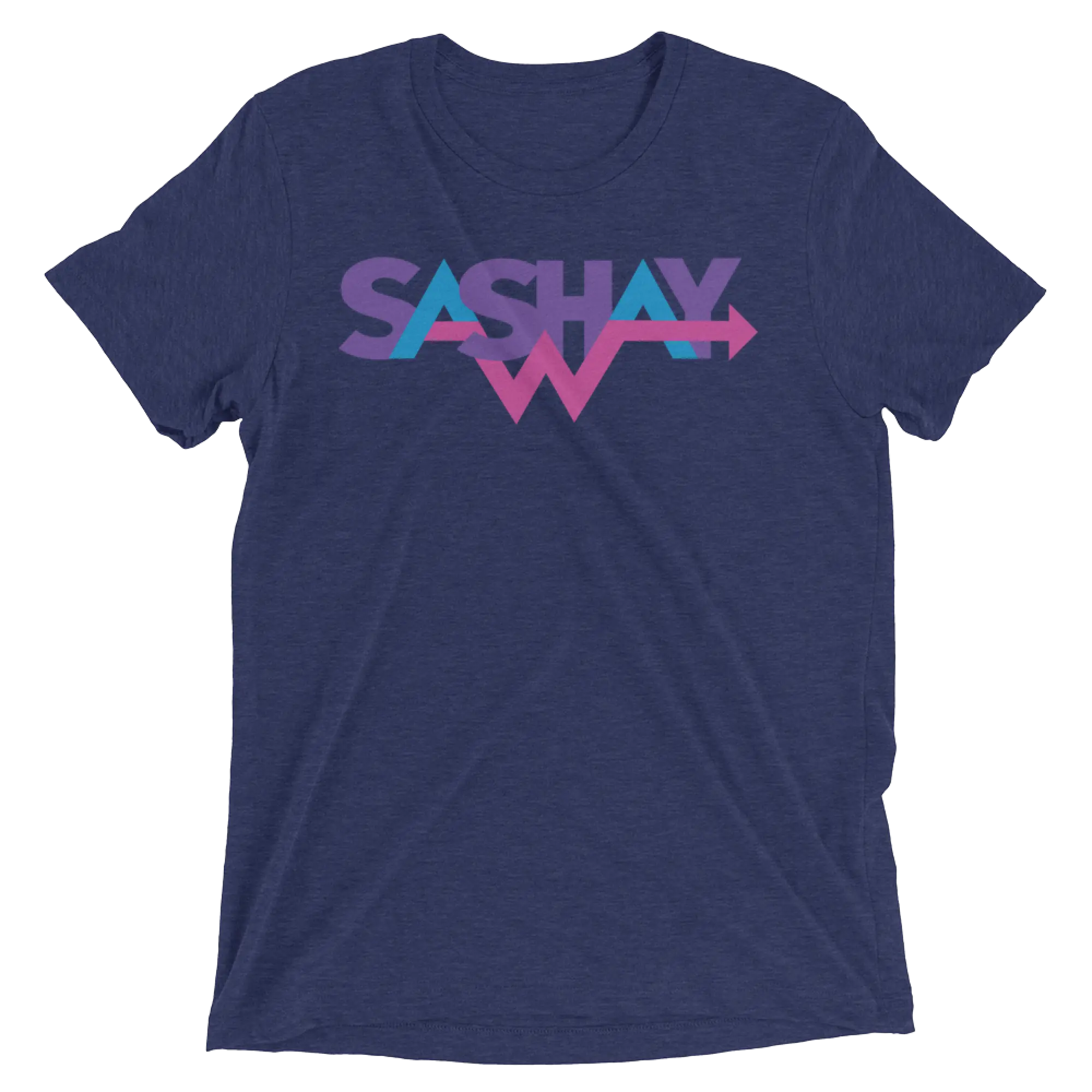 Navy blue heathered cotton t-shirt featuring vibrant multi-colored sashay graphic with gradient purple and pink lettering