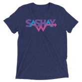 Navy blue heathered cotton t-shirt featuring vibrant multi-colored sashay graphic with gradient purple and pink lettering