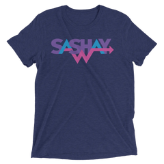 Navy blue heathered cotton t-shirt featuring vibrant multi-colored sashay graphic with gradient purple and pink lettering
