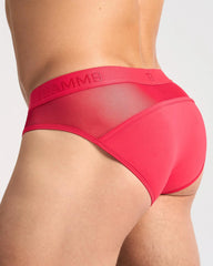 Bright red score sheer brief with sheer mesh front and solid fabric back featuring tamm8 logo waistband
