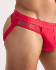 Score sheer jock vibrant red briefs with sheer mesh trim and bold elastic team logo waistband