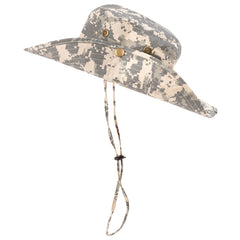 Wide brim camo boonie hat with camouflage pattern and adjustable chin strap for outdoor use
