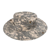 A gray and beige digital camouflage wide brim camo boonie hat designed for outdoor use and sun protection