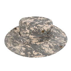 A gray and beige digital camouflage wide brim camo boonie hat designed for outdoor use and sun protection