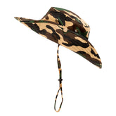 Wide brim camo boonie bucket hat in tan green and black camouflage with matching adjustable chin strap