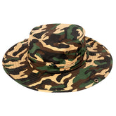 Wide brim camo boonie hat in green brown and tan camouflage pattern for outdoor and military use