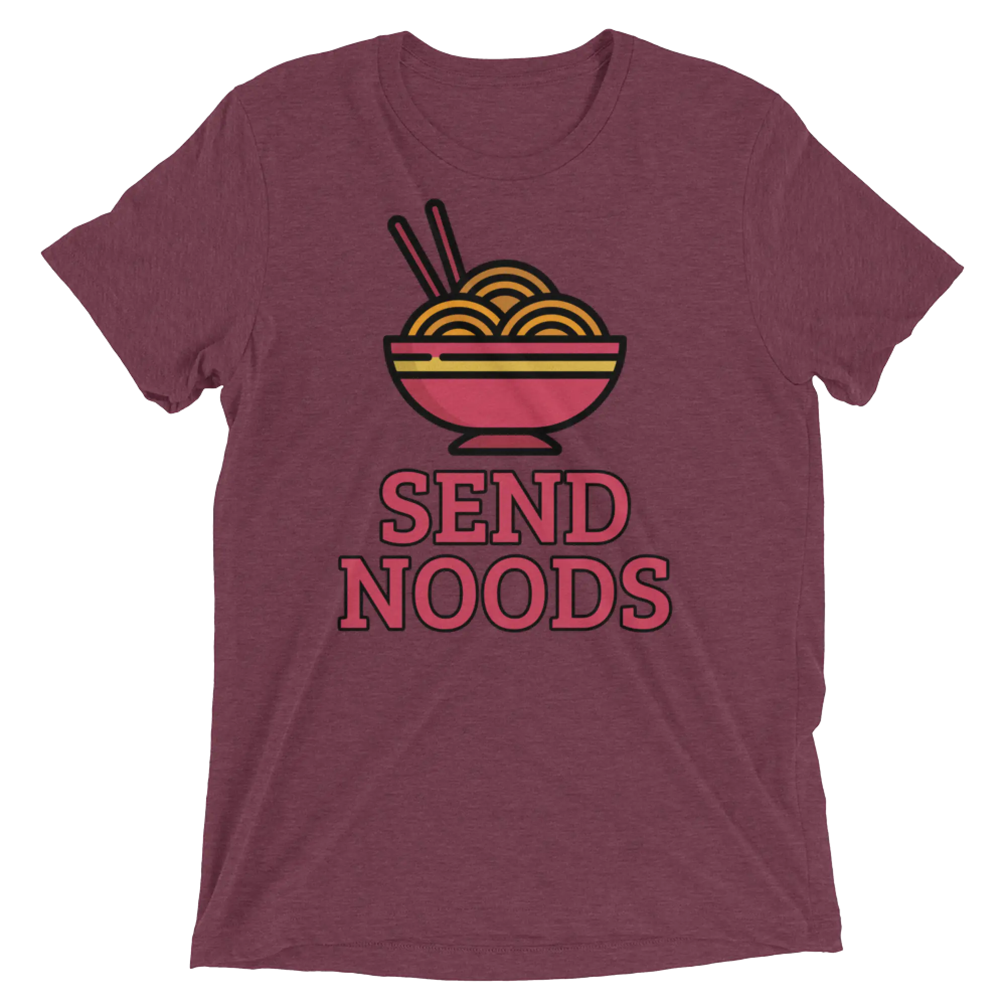 Maroon heathered cotton t-shirt featuring a colorful cartoon bowl of noodles with chopsticks and bold send noods text