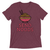 Maroon heathered cotton t-shirt featuring a colorful cartoon bowl of noodles with chopsticks and bold send noods text