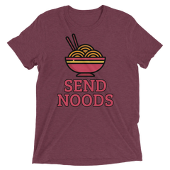 Maroon heathered cotton t-shirt featuring a colorful cartoon bowl of noodles with chopsticks and bold send noods text