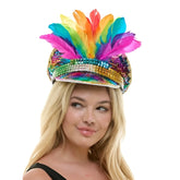 Sequin festival hat with a wide brim decorated with vibrant rainbow feathered sequins for festive wear