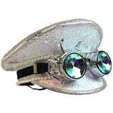 Silver sequined festival cap with pearl trim and spiked steampunk goggles featuring iridescent lenses