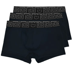 Black sheath 2.1 bamboo men’s dual pouch trunks with gray geometric waistband in a 3 pack set