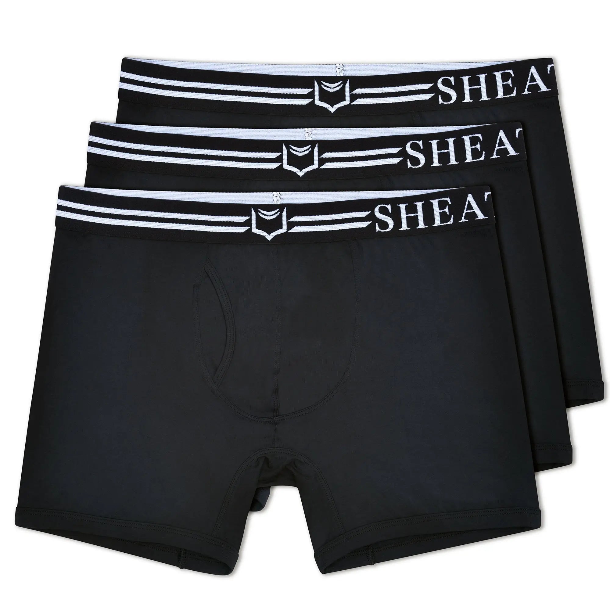 Black men’s boxer briefs with white elastic waistband featuring sheath brand name and shield logo in 4.0 bundle