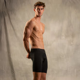 Black athletic performance boxer briefs with dark gray greek key waistband made from bamboo fabric for men