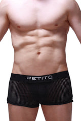 Short jock durtol black black mesh briefs with a solid black waistband featuring the petitq logo in white lettering