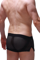Short jock durtol black mesh briefs with solid black waistband and side slit shown from the back side