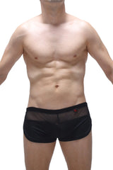 Short lounge black mesh briefs with solid black waistband and small red logo on the side