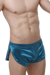 Petirq shorts snap satin teal shiny teal metallic swim trunks with side slit and button closure