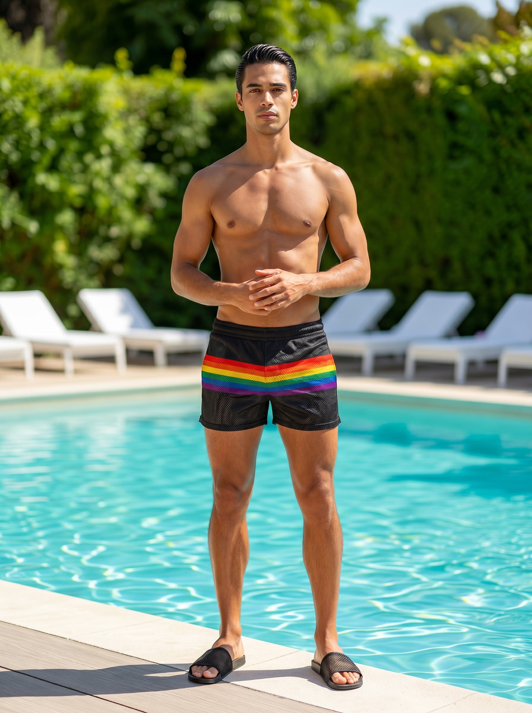 Black mesh swim trunks with a vibrant rainbow stripe across the waistband called rainbow stripe mesh shorts