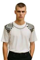 White t-shirt with black and silver checkered shoulder panels featuring dangling chain tassels shoulder tassel necklace