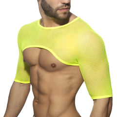 Bright neon yellow mesh crop shoulder top with short sleeves and a cutout design for stylish summer wear