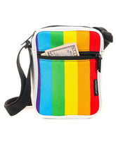 Sidekick crossbody sling bag with rainbow stripes white trim and black zipper pulls for hands-free carrying