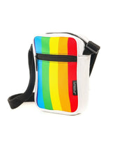 Sidekick crossbody sling bag white with vibrant rainbow stripe pattern and black zipper accents for daily use