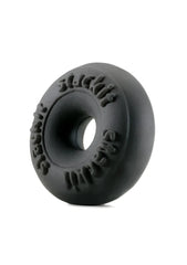 Black rubber donut-shaped sila skin stackit ring with embossed text around its circumference