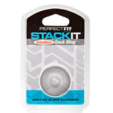 Silver metallic stackit cock ring with textured circular design and silaskin branding in the sila skin stackit ring
