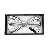 Shiny silver metallic bow tie with a sleek reflective finish perfect for formal events and special occasions
