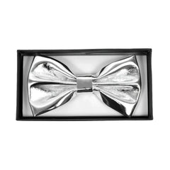 Shiny silver metallic bow tie with a sleek reflective finish perfect for formal events and special occasions
