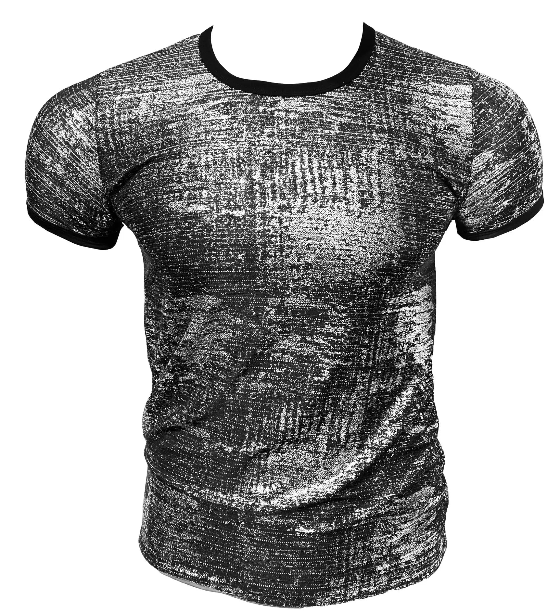 Black and silver textured short sleeve t-shirt with contrasting black ribbed neckline and cuffs silver leaf tee