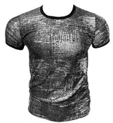 Black and silver textured short sleeve t-shirt with contrasting black ribbed neckline and cuffs silver leaf tee