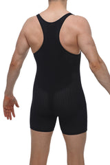 Black mesh-textured compression bodysuit with racerback design shown from the back in petitq singlet bee black