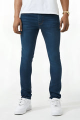 Dark blue skinny fit denim jeans with slim fit, classic five-pocket design, and subtle thigh fading