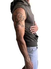Olive green sleeveless yoga hoodie with hood and ribbed cuffs designed for comfort and athletic wear