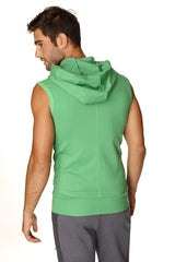 Green sleeveless yoga hoodie with hood and ribbed hem made from bamboo fabric for comfortable workouts