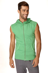 Green sleeveless yoga hoodie made of bamboo fabric with a zip-up front hood and pockets for workout comfort