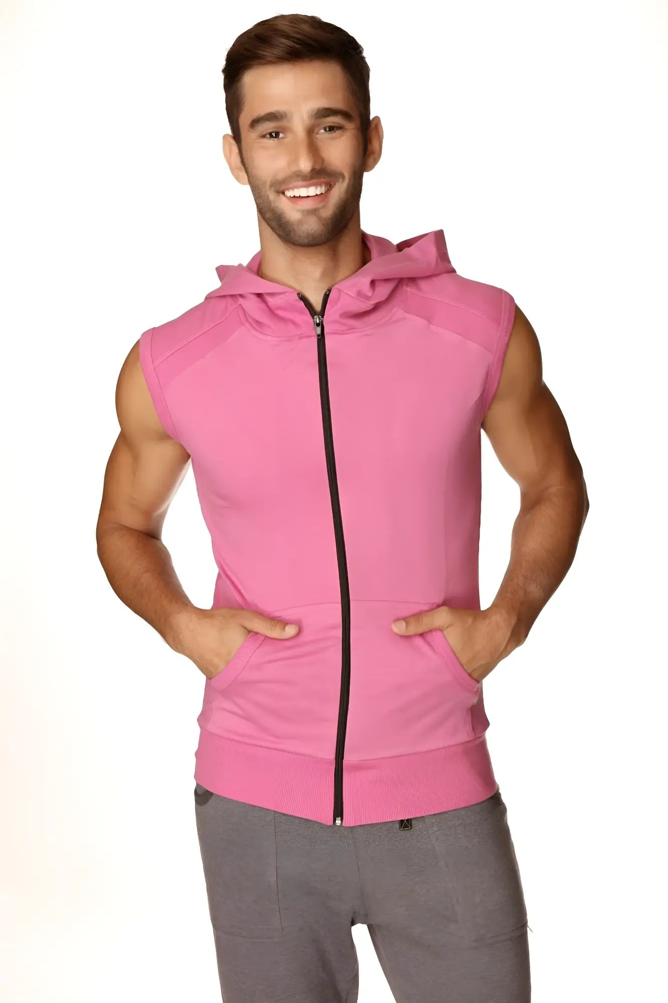 Sleeveless yoga hoodie berry in pink with zip-up front hood and pockets made for comfortable workouts