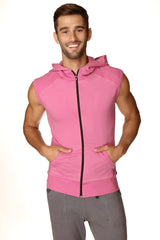 Sleeveless yoga hoodie berry in pink with zip-up front hood and pockets made for comfortable workouts