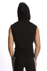 Black sleeveless yoga hoodie with a snug fit and hood made from breathable material worn by a person