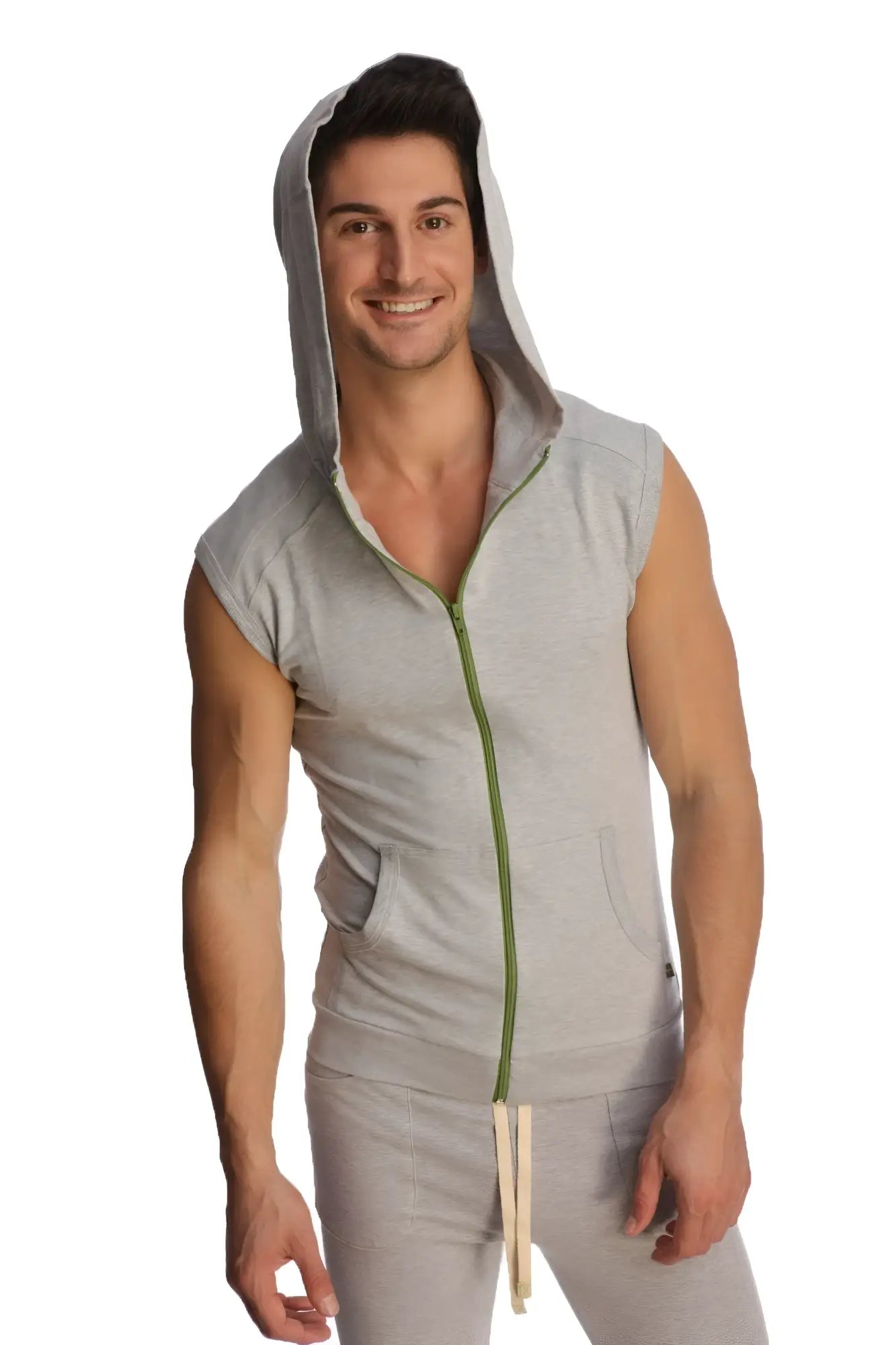 Gray sleeveless yoga hoodie with green zipper and front pockets made from heather grey fabric for active wear