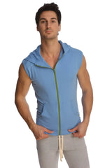 Light blue sleeveless zip-up yoga hoodie with green zipper and front pockets designed for workout comfort