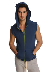 Sleeveless yoga hoodie in royal blue navy with lime green zipper and front pockets perfect for activewear