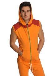 Sleeveless yoga hoodie in sun orange with green zipper and drawstring pants designed for comfortable workouts