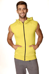 Bright yellow sleeveless zip up yoga hoodie with hood and front pockets designed for comfort and mobility