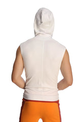 White sleeveless yoga hoodie with a hood made of soft fabric for comfortable workout wear