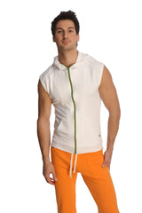 Sleeveless yoga hoodie in white with a green zipper and subtle lower right branding for active wear