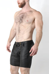 Black leather slick carpenter zipper shorts v2 with gold-tone buttons and zipper details